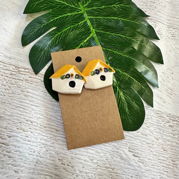 Artisan Jewelry - BOGO FREE Hand painted ceramic birdhouse earrings, retro studs